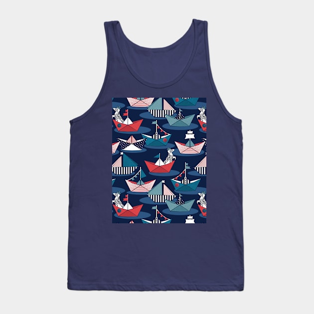 Origami dog day at the lake // pattern // navy blue background red teal and blue origami sail boats with cute Dalmatian Tank Top by SelmaCardoso